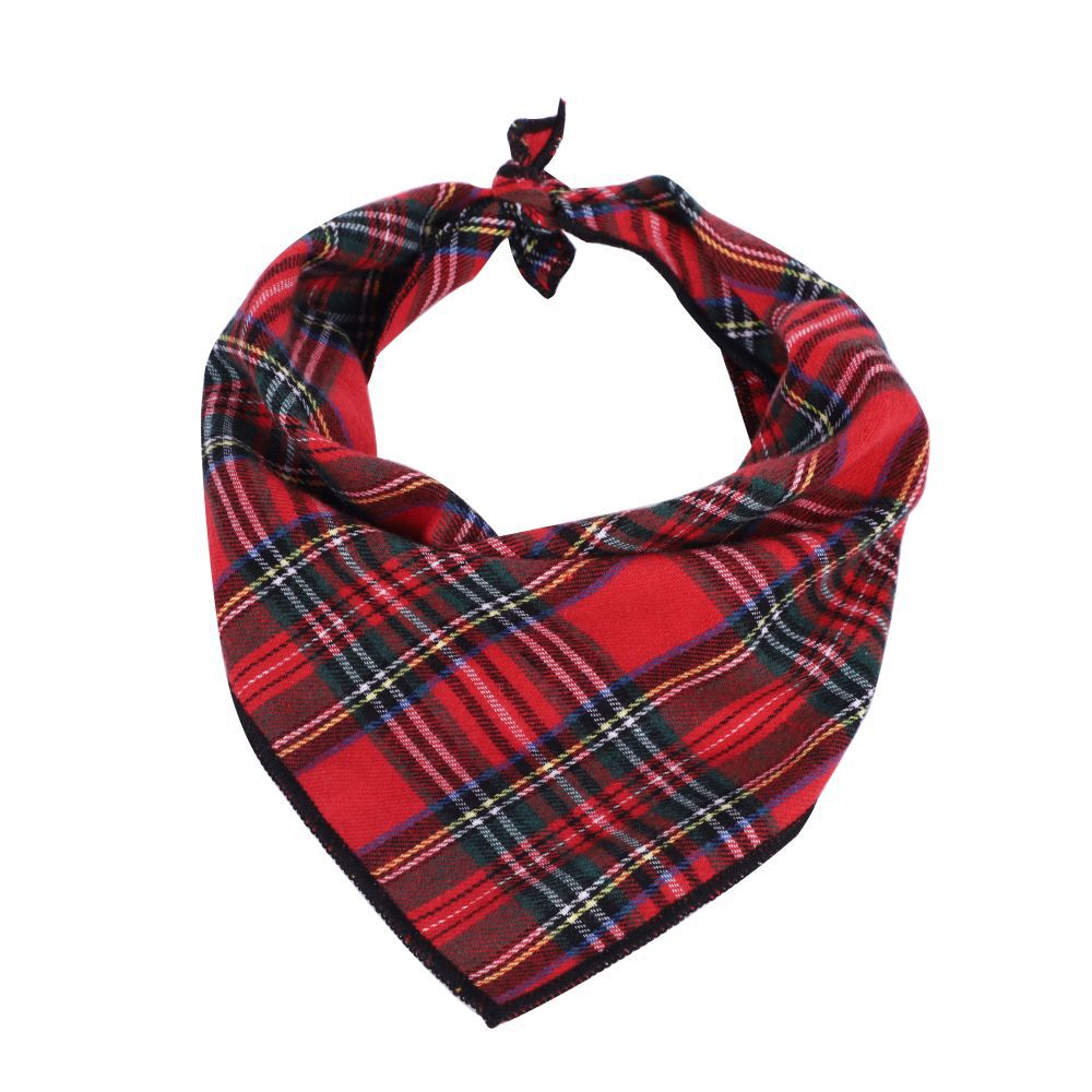 Red plaid bandana with a classic tartan pattern, tied at the top.