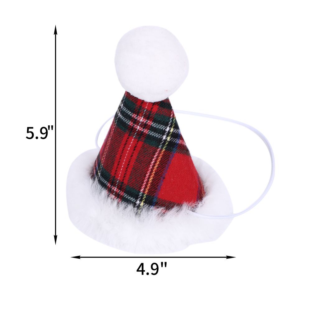 Red and green plaid pet hat with white trim and pom-pom, measuring 5.9 inches tall and 4.9 inches wide, featuring a soft elastic strap for secure fitting.