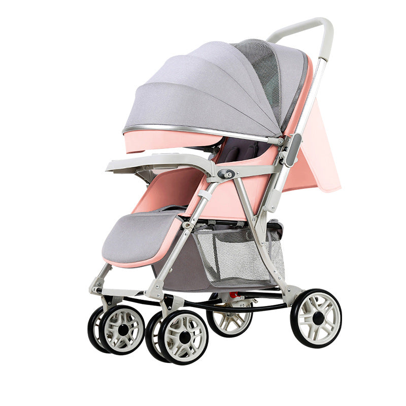 A pink and gray baby stroller with a canopy, reclining seat, and storage basket underneath. It features four pairs of wheels and an adjustable handlebar for easy maneuvering.