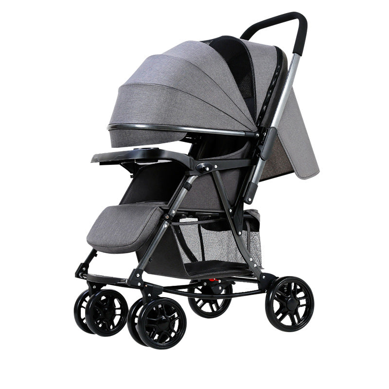 Sleek gray baby stroller with a canopy, four wheels, adjustable handle, and a storage basket underneath. Suitable for infants and toddlers, offering comfort and versatility.