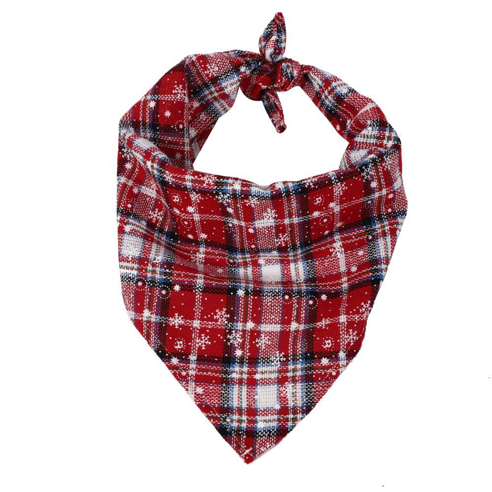 Red plaid bandana with white snowflake pattern, tied at the top.