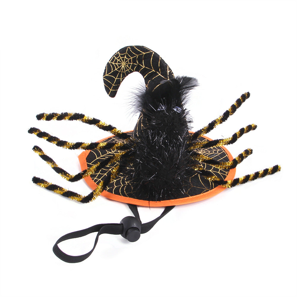 A quirky Halloween hat with a curved brim, decorated with black and gold spider web patterns and legs, topped with black feathers, featuring an adjustable chin strap.