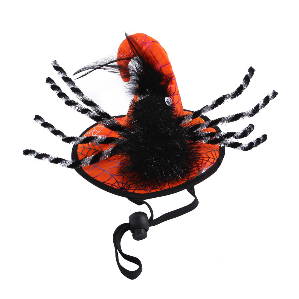 Halloween-themed orange witch hat with black spider decor, featuring a textured brim, web pattern, and adjustable strap, ideal for festive dress-up or party costumes.
