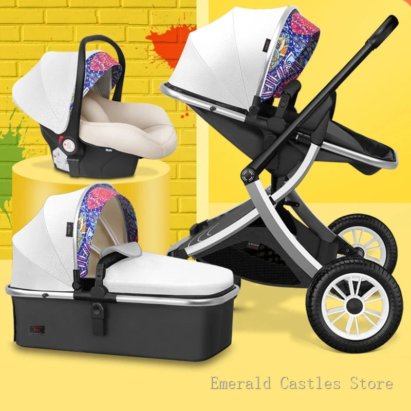 Modern stroller set against a colorful yellow backdrop, featuring a car seat, bassinet, and stroller with white canopies and vibrant, patterned interiors.