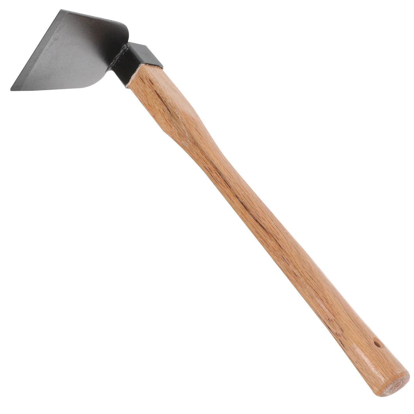 A garden hoe with a black metal blade and a wooden handle on a white background, used for digging and weeding soil.