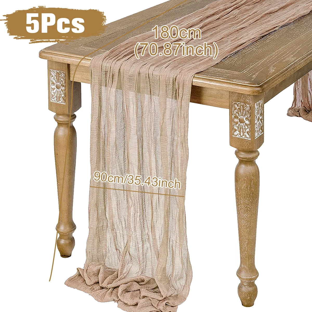 Five beige gauze table runners are displayed on a wooden table with floral motifs. Each measures 180 cm by 90 cm.