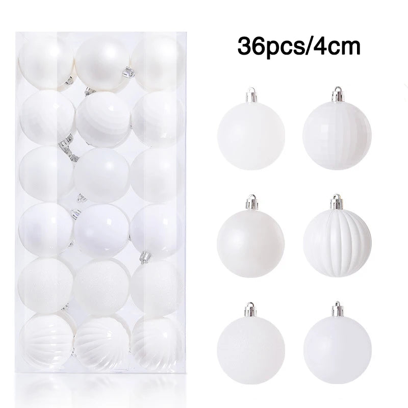A set of 36 white Christmas ornaments, each 4cm in diameter, featuring six different textures. The ornaments are displayed in a clear box and arranged separately on the right.