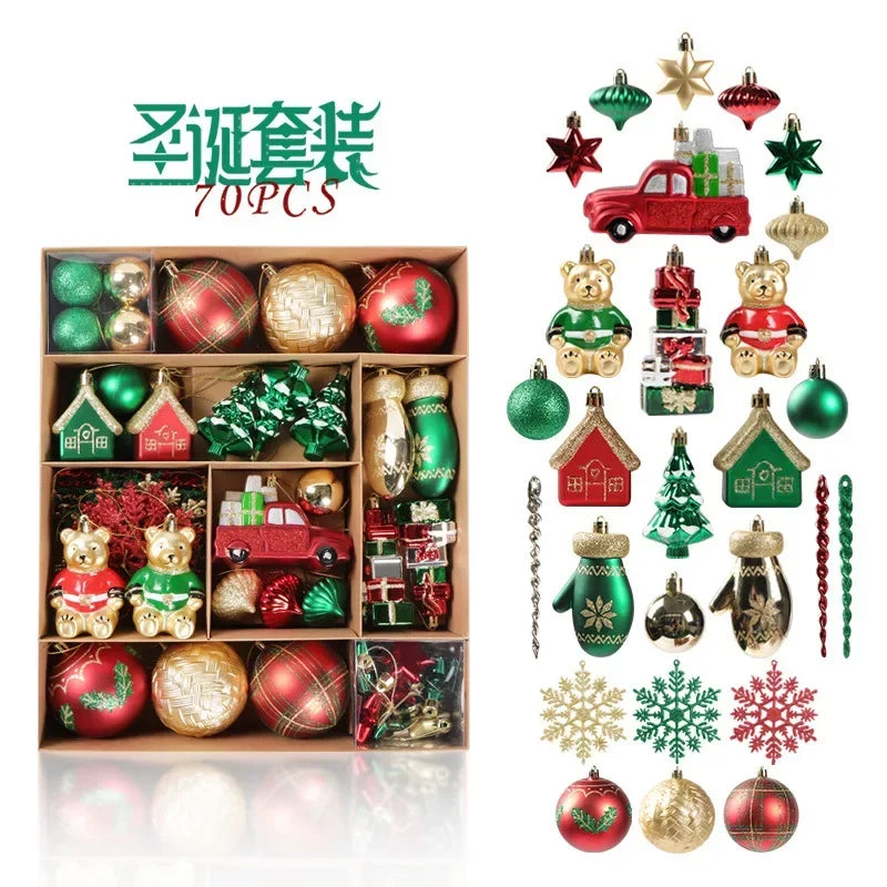 Box of 70 Christmas ornaments in red, green, and gold, featuring baubles, teddy bears, a red truck, houses, stars, mittens, and decorative icicles and snowflakes.