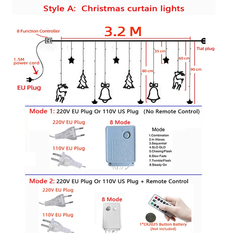Christmas curtain lights diagram showing 3.2m LED string with EU plug, featuring reindeer, stars, trees, bells. Modes include in waves, sequenced, flash. Remote control option available.