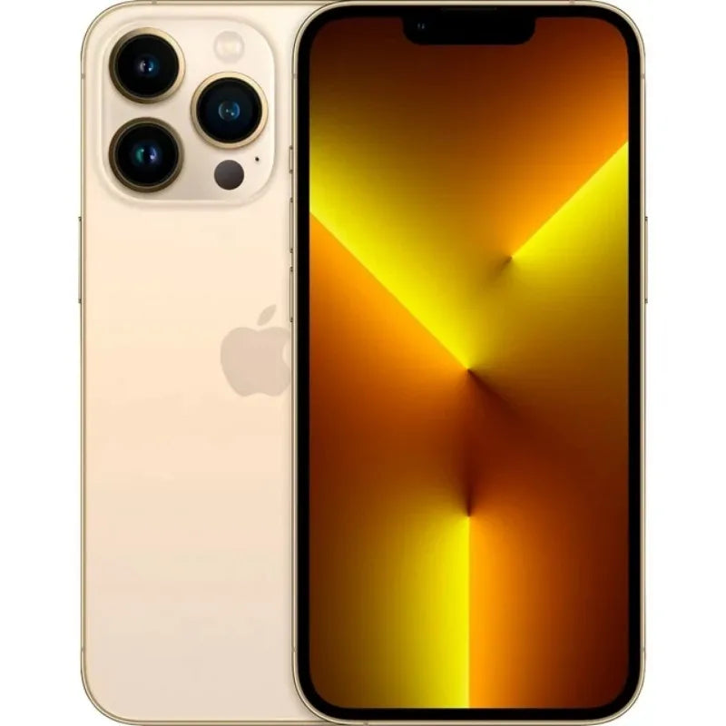 A gold smartphone with a triple-lens camera and a vibrant orange-yellow display, featuring a minimalist design with a prominent Apple logo on the back.