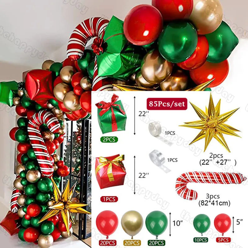 Festive balloon arch with red, green, and gold balloons, gold stars, candy cane shapes. Includes visual guide showing quantities and sizes of components for an 85-piece set.