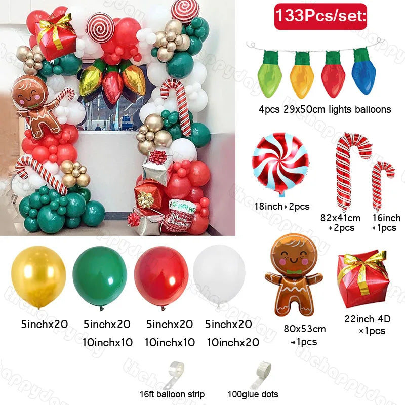 Christmas balloon decoration set with red, green, gold balloons, candy canes, gingerbread, and gift-shaped balloons. Includes light bulb balloons. Total: 133 pieces.