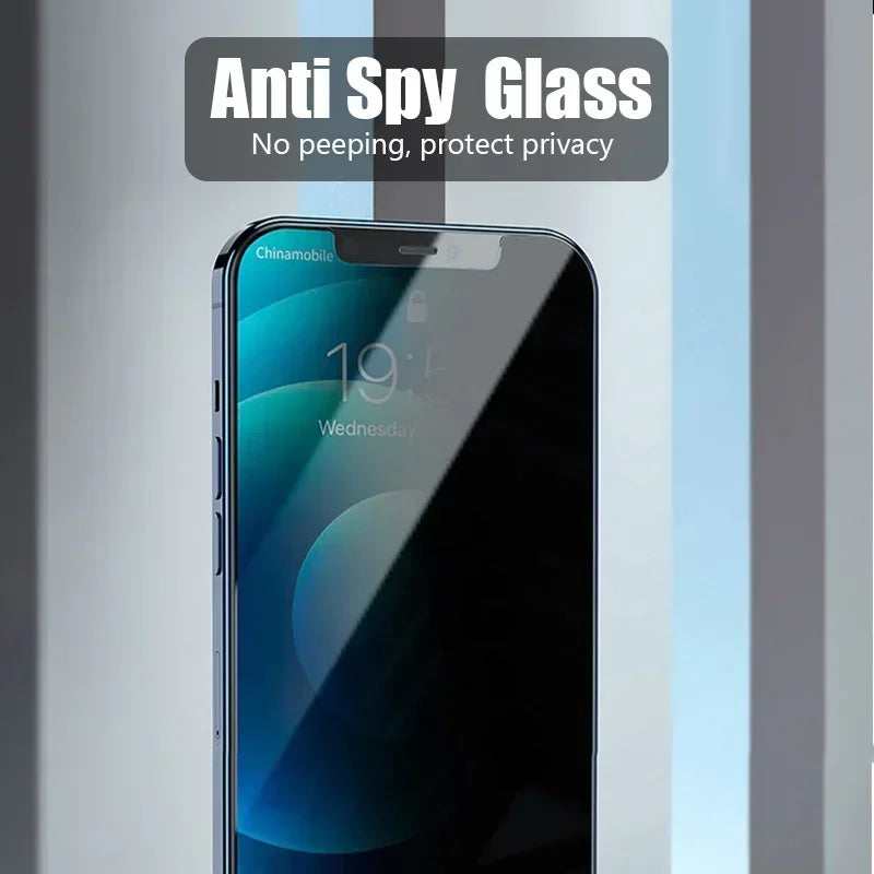 Smartphone with a reflective screen protector displaying "Anti Spy Glass: No peeping, protect privacy." The blue and black interface is partially visible beneath the glass.
