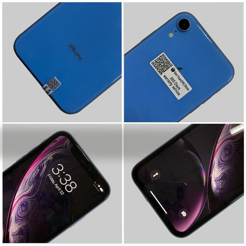 Blue iPhone with QR code and warranty sticker on the back. The screen displays a swirling purple and black design with the time, 3:38, and Friday, April 22.