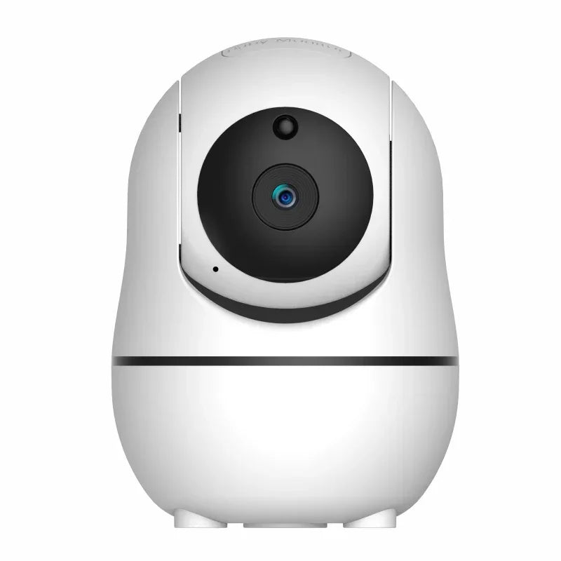 A white, modern security camera with a black lens, featuring a minimalist and rounded design, viewed from the front.