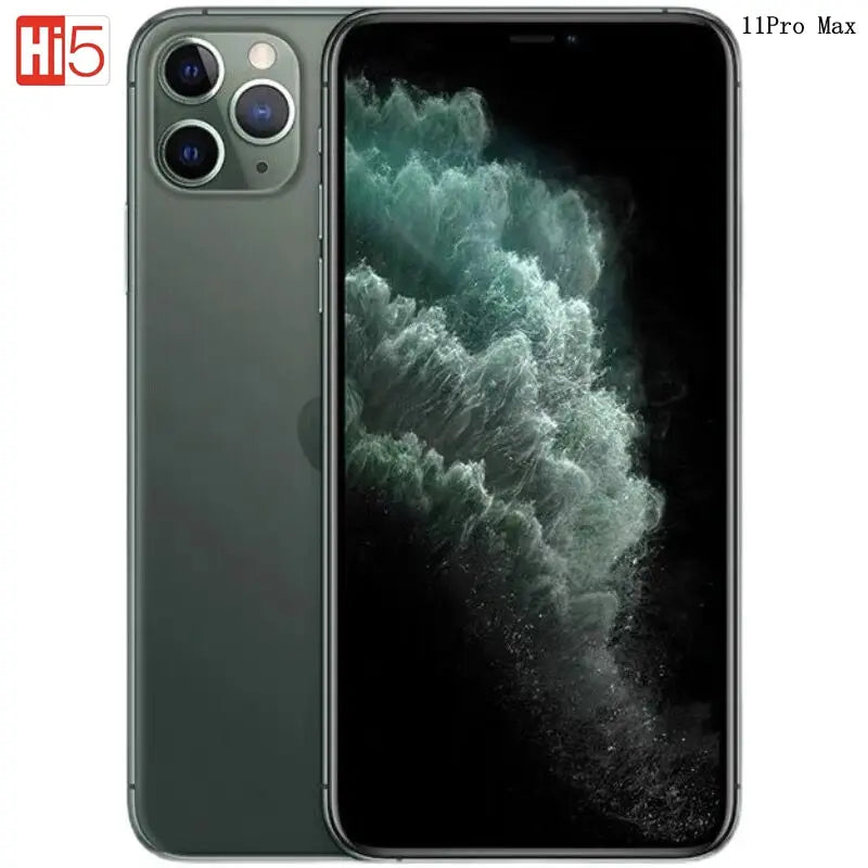Green smartphone with a triple camera setup, featuring a swirling wave design on the screen. The branding "11 Pro Max" is visible at the top right, and a Hi5 logo at the top left.