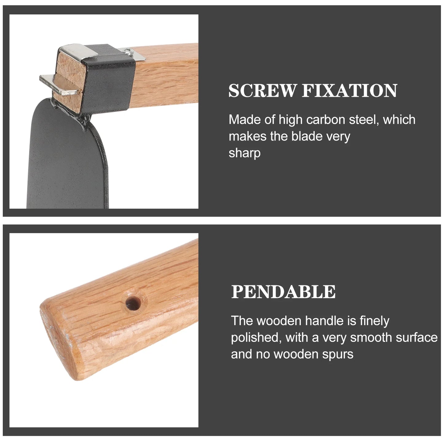 Close-up of a tool showing high carbon steel screw fixation for sharpness, and a finely polished wooden handle described as smooth with no wooden spurs.