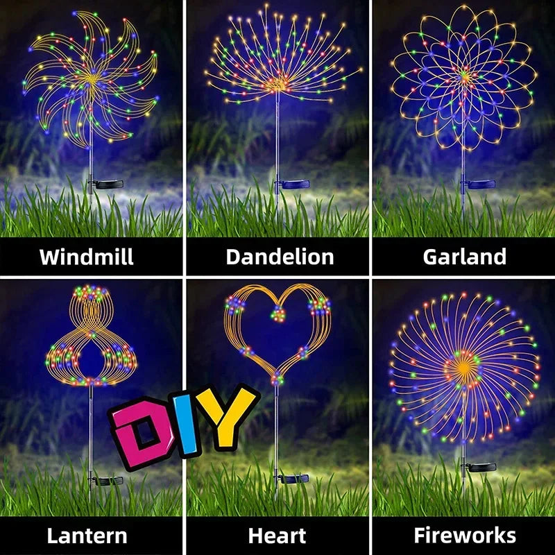 Six garden light designs on stakes: Windmill, Dandelion, Garland, Lantern, Heart, and Fireworks, each featuring colorful LED lights with "DIY" text in the center.
