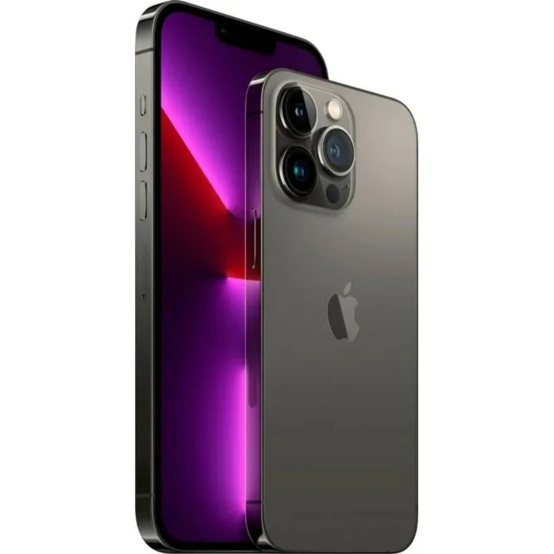 A sleek smartphone with a vibrant pink display stands next to its reverse side showing a triple-camera setup and an apple logo, against a plain white background.