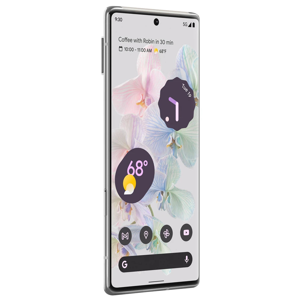 Smartphone displaying a colorful orchid background with widgets showing 68°F and a calendar notification for "Coffee with Robin". Icons for apps are visible at the bottom.