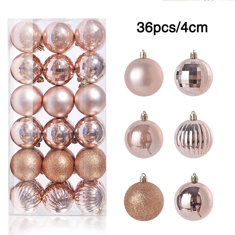 Pack of 36 rose gold Christmas ornaments in various finishes: matte, shiny, glitter, and faceted. Each ornament is 4cm. Displayed inside a transparent box.