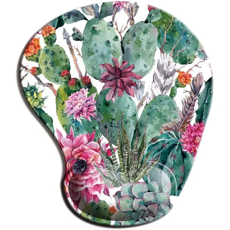 Mouse pad with vibrant watercolor design featuring green cacti and colorful flowers in pink, orange, and purple hues, set against a white background.