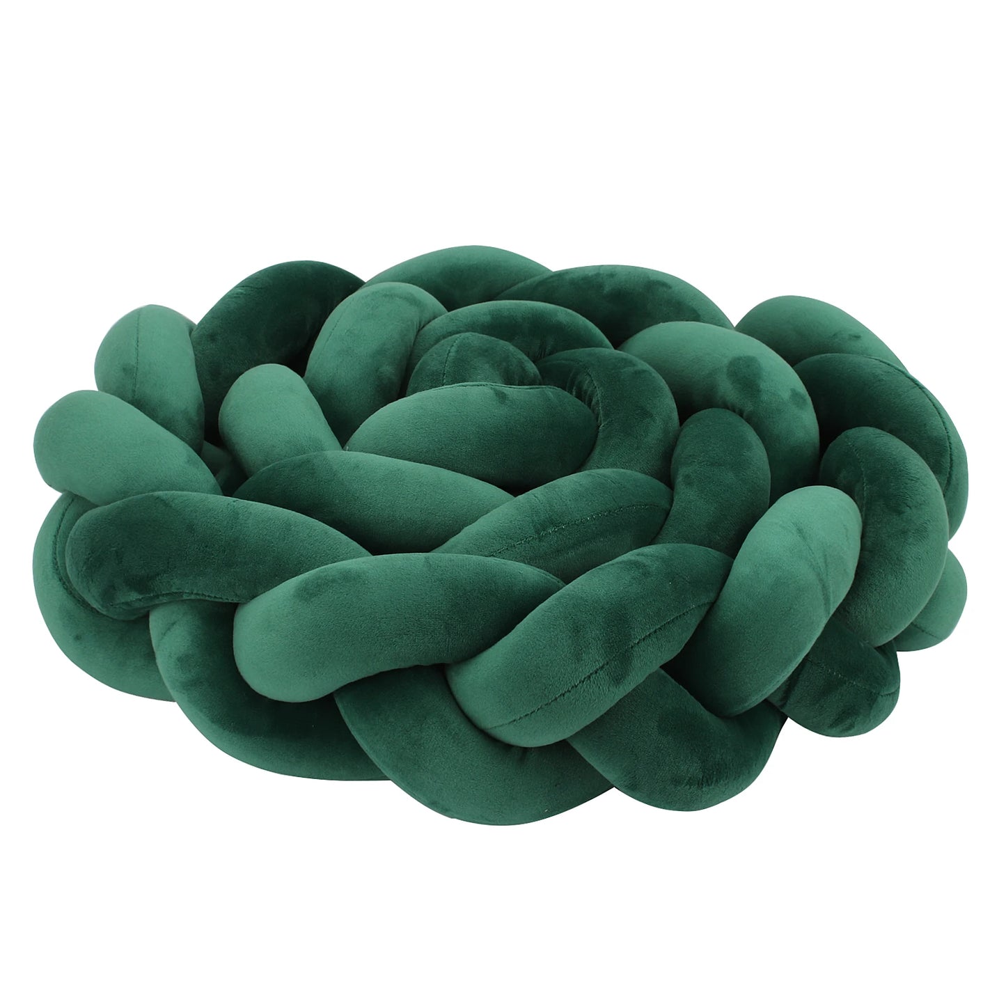 Green, plush, velvet knot pillow intricately woven into a circular shape. It appears soft and inviting, ideal for decorative or comfort use in a modern setting.