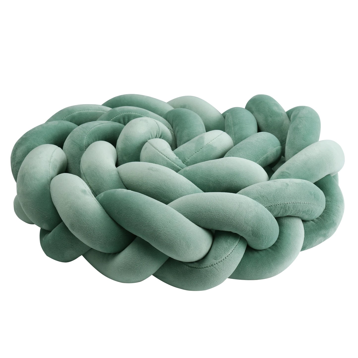 Soft, braided cushion in a light teal color. The thick, plush loops are intertwined to create a visually appealing, cozy design, ideal for adding comfort and style to a room.