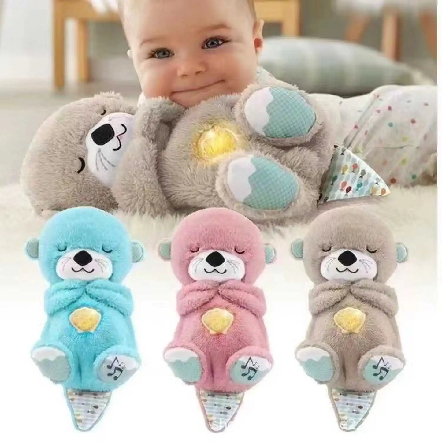 A baby cuddles a grey plush toy with a glowing heart. Below, three similar plush toys are lined up in blue, pink, and grey, each with a heart and musical note design.
