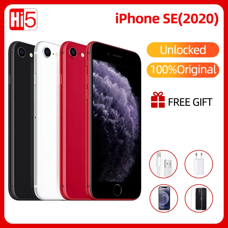 Advertisement for iPhone SE (2020) in black, white, and red. Features include unlocked, 100% original, and free gift offers shown as charging accessories.