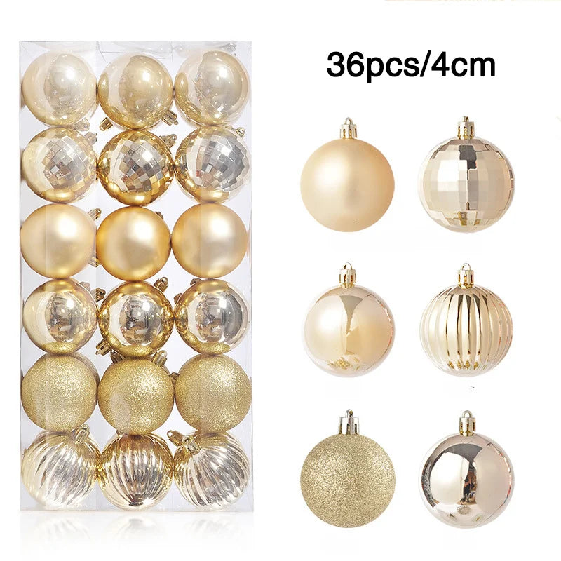 A set of 36 gold Christmas ornaments, 4cm each, featuring glossy, matte, glittered, and textured finishes, displayed in a clear box beside individual ornament variations.