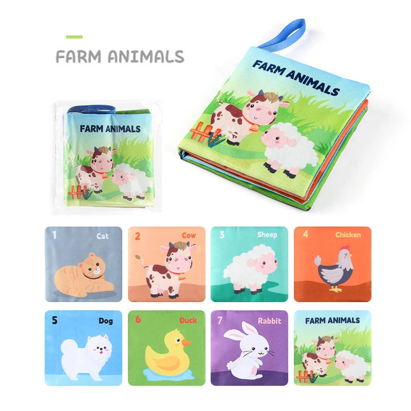 Children's fabric book titled "Farm Animals" featuring illustrations of a cow, sheep, cat, chicken, dog, duck, and rabbit. Includes a colorful cover and individual animal images.