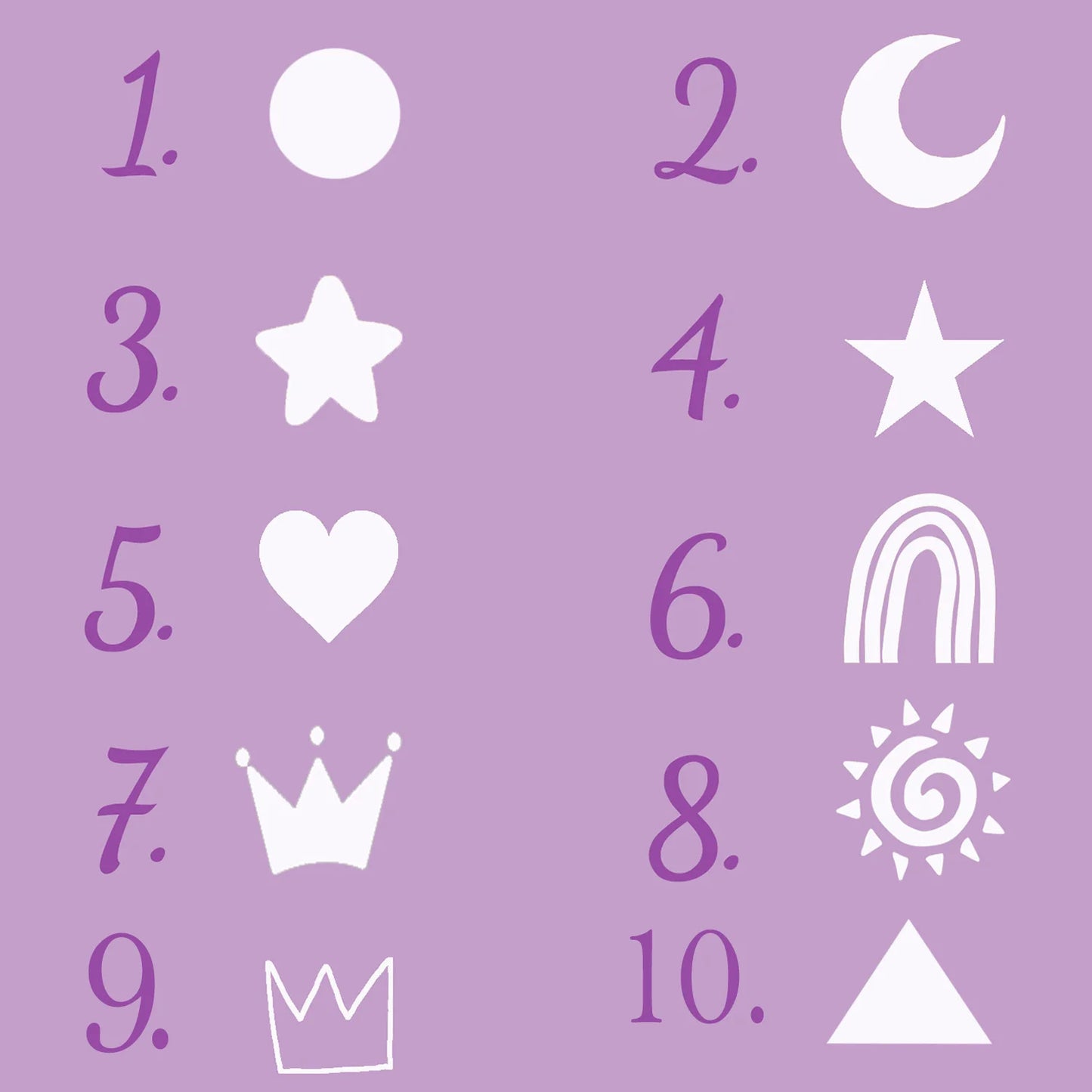 Purple background with white icons numbered 1 to 10: circle, crescent, star, star, heart, rainbow, crown, sun, crown outline, triangle. Each icon is accompanied by a numbered list.