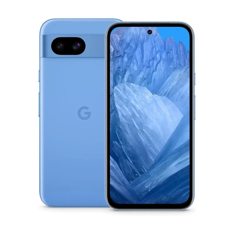 Blue smartphone with dual rear cameras and a 6-inch display, showing a blue abstract wallpaper. The rear has a G logo.