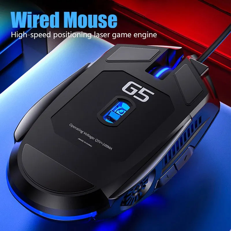 Black gaming mouse labeled "G5" with blue LED lighting, featuring high-speed positioning laser. Accompanying text highlights it as a wired mouse with a game engine.