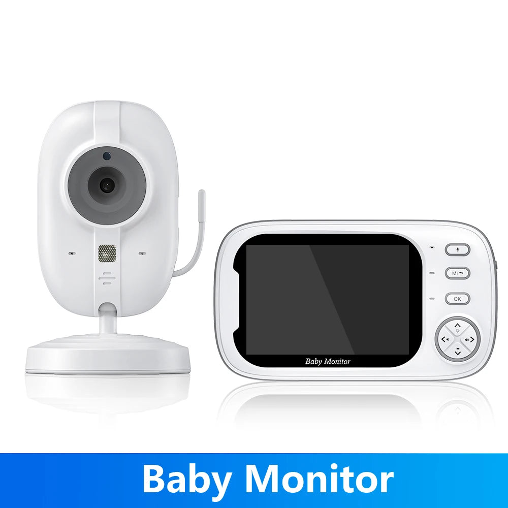 White baby monitor set featuring a camera with a stand and an LCD display unit with control buttons. The blue background banner reads "Baby Monitor."