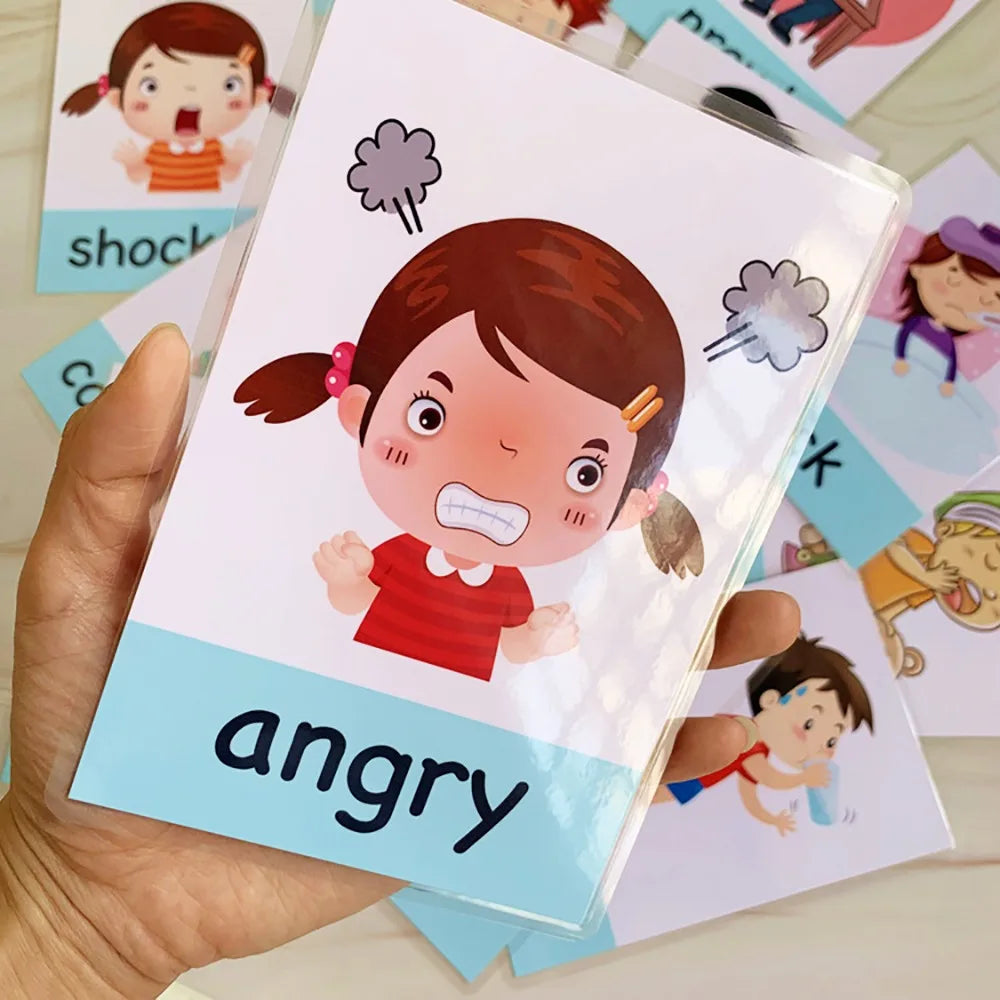 Illustrated flashcard showing a girl with an angry expression, red cheeks, clenched teeth, and steam puffs. The card is labeled "angry" in bold text. Other cards are partially visible.