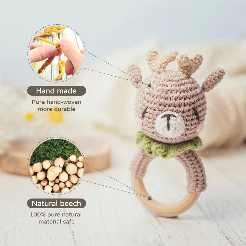 Handmade crocheted deer rattle with natural beech wood ring, showcasing durability and safety. Insets highlight hand weaving and raw beech wood materials.