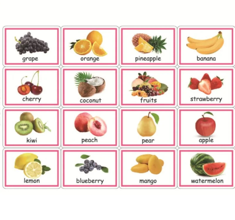 Grid of 15 fruit images with labels: grape, orange, pineapple, banana, cherry, coconut, fruits, strawberry, kiwi, peach, pear, apple, lemon, blueberry, mango, watermelon.