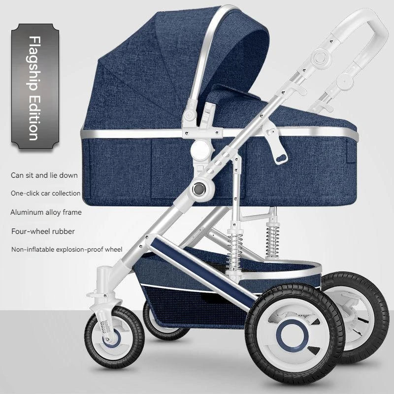 Blue baby stroller with adjustable seat, aluminum alloy frame, four-wheel rubber tires, and non-inflatable explosion-proof wheels. Flagship edition features for comfort.