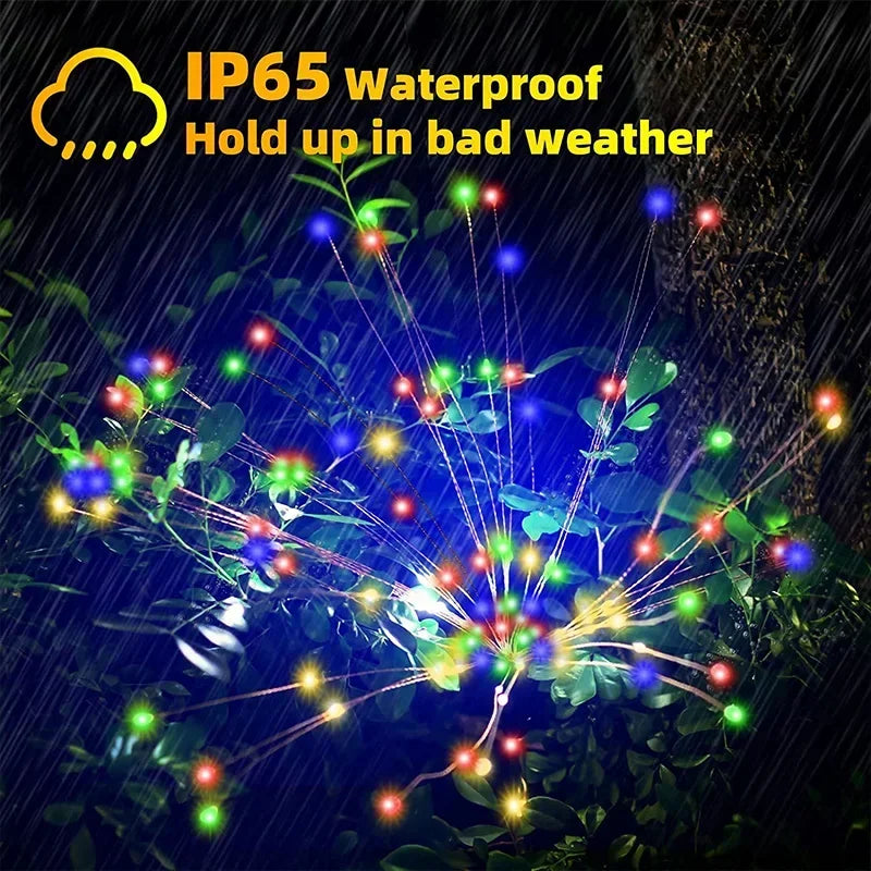 Colorful LED lights in rain on bushes, showcasing IP65 waterproof feature. Text: "Hold up in bad weather," illustrating durability and weather resistance.
