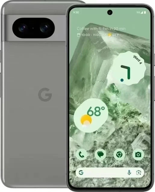 Front and back views of a large smartphone with a minimal design. The screen displays a weather widget showing 68°F and an upcoming event at the top.