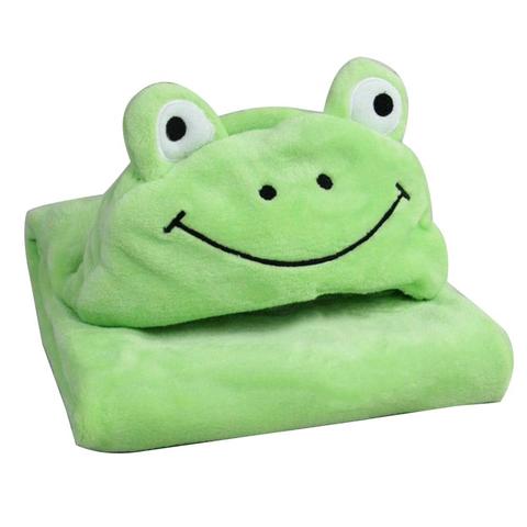 Bright green blanket set with a hood designed as a smiling frog face, complete with black eyes and nostrils. The frog character adds a playful, cozy touch to the ensemble.