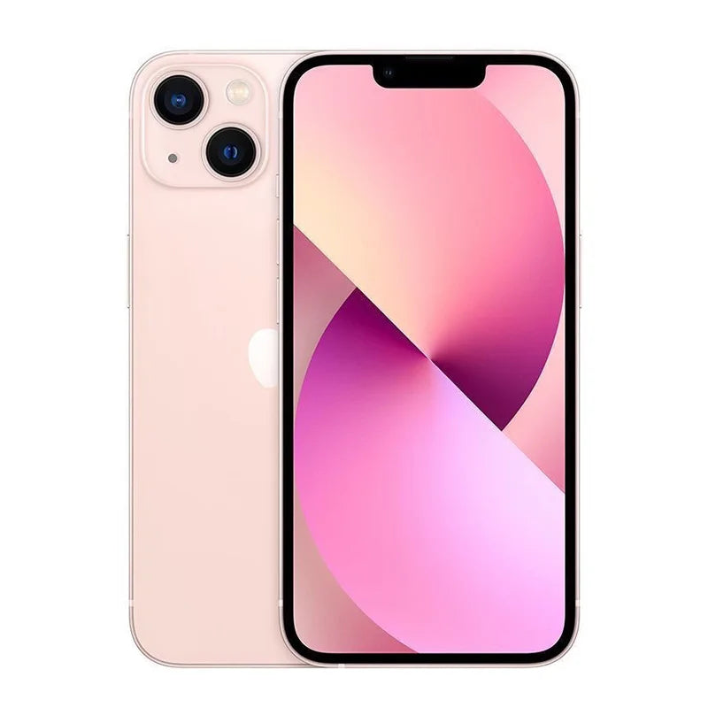 Front and back view of a pink smartphone with a dual-camera system on the rear and a vibrant, abstract wallpaper on the display.