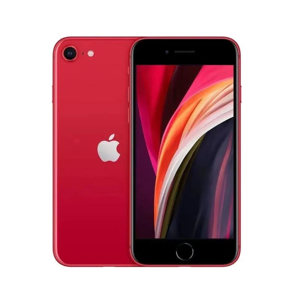 Red smartphone showing front and back views. The screen displays a colorful abstract wallpaper, while the back features a camera lens, flash, and a prominent white logo.