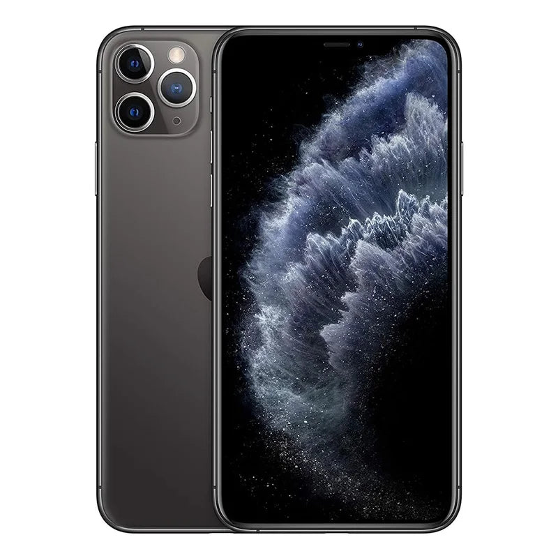 Sleek black smartphone with three rear cameras and dark cosmic-themed screen, shown from the front and slightly swiveled back.