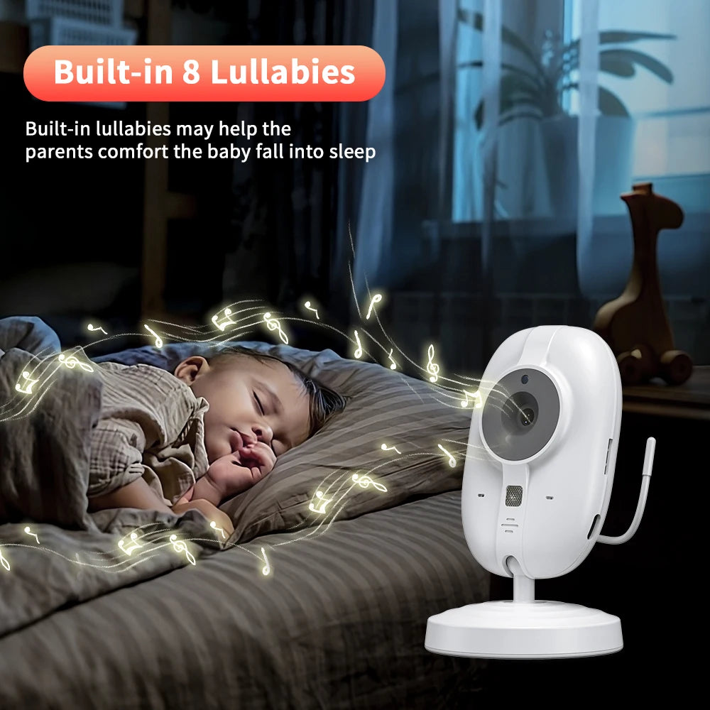 A baby sleeps peacefully in a dimly lit room with a baby monitor nearby. Musical notes surround the baby, highlighting the monitor's feature of 8 built-in lullabies for comfort.
