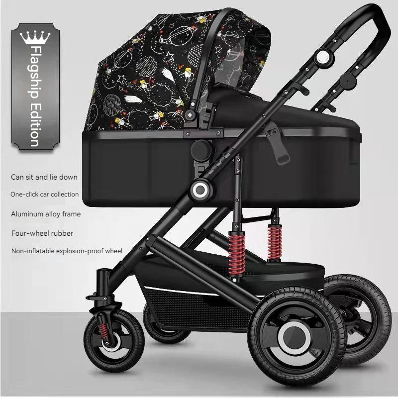 Black baby stroller with space-themed canopy, aluminum frame, non-inflatable wheels, and red springs. Features include sitting, lying options, and one-click car fold.