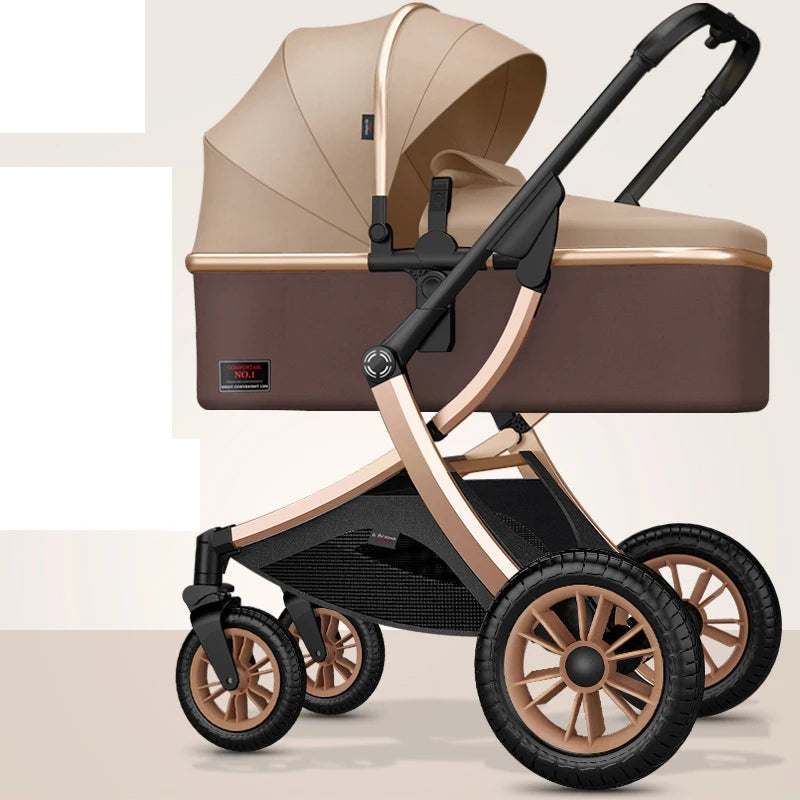 A stylish brown and beige baby stroller with a large canopy, robust wheels, and a sleek black handlebar, designed for comfort and ease of use on various terrains.