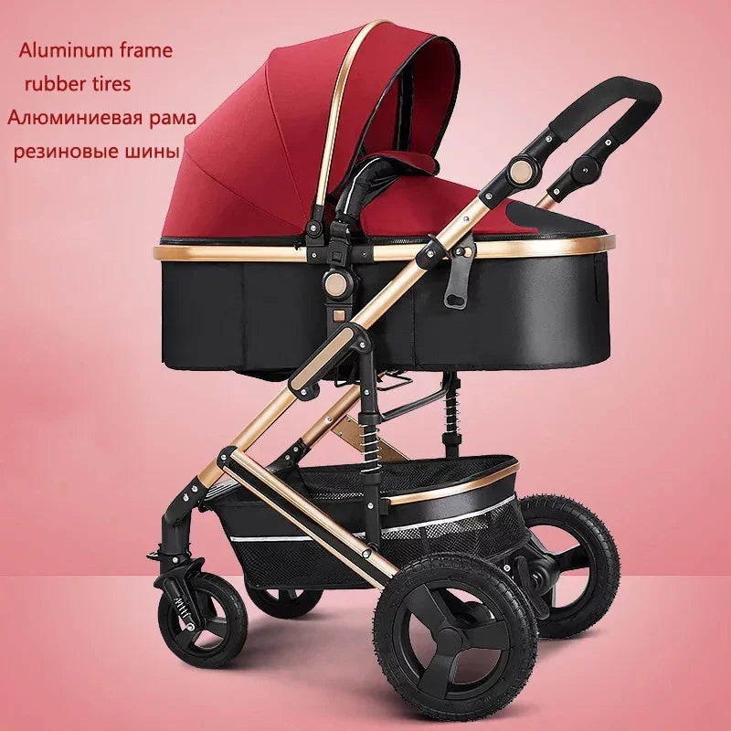 Red and black baby stroller with aluminum frame and rubber tires, set against a pink background. The stroller features a storage basket and adjustable handle.